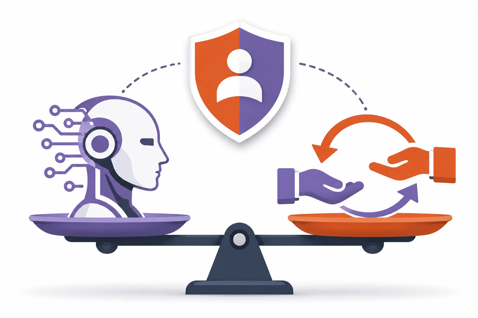 Metaphore visuelle des limites d'un agent vocal IA : une balance entre l'automatisation IA et le transfert vers un humain, surmontee d'un bouclier symbolisant la conformite RGPD et la supervision humaine