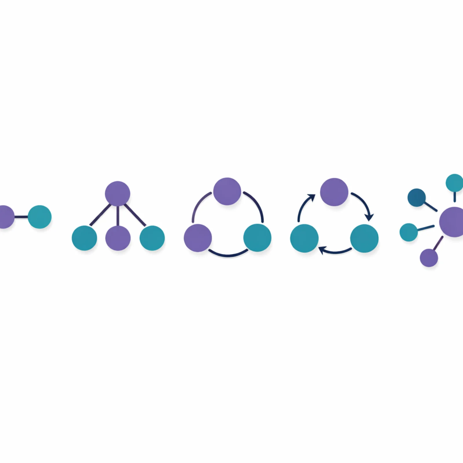 Cinq diagrammes de flux abstraits représentant les patterns d'orchestration multi-agents — pipeline linéaire, branches parallèles, cercle de discussion, flèches de délégation et hub adaptatif