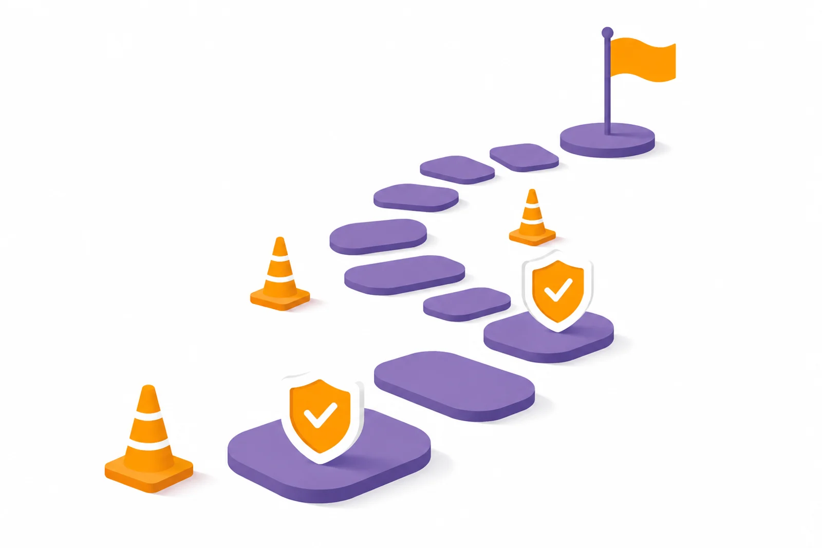 Illustration d'un chemin en pierres de gué jalonné de cônes de prudence et d'un badge de validation menant à un drapeau d'arrivée