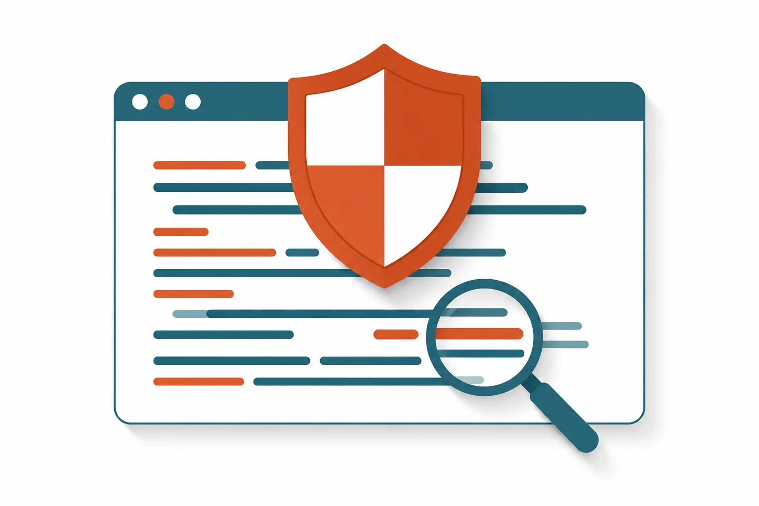 Fenêtre de terminal avec un bouclier de protection et une loupe qui balaie des lignes de code à la recherche de failles