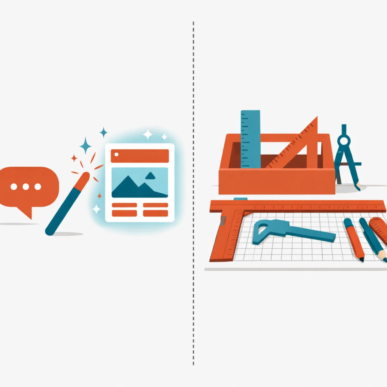 Scène divisée comparant le design par prompt avec baguette magique à gauche et les outils de design traditionnels avec règles et grilles à droite