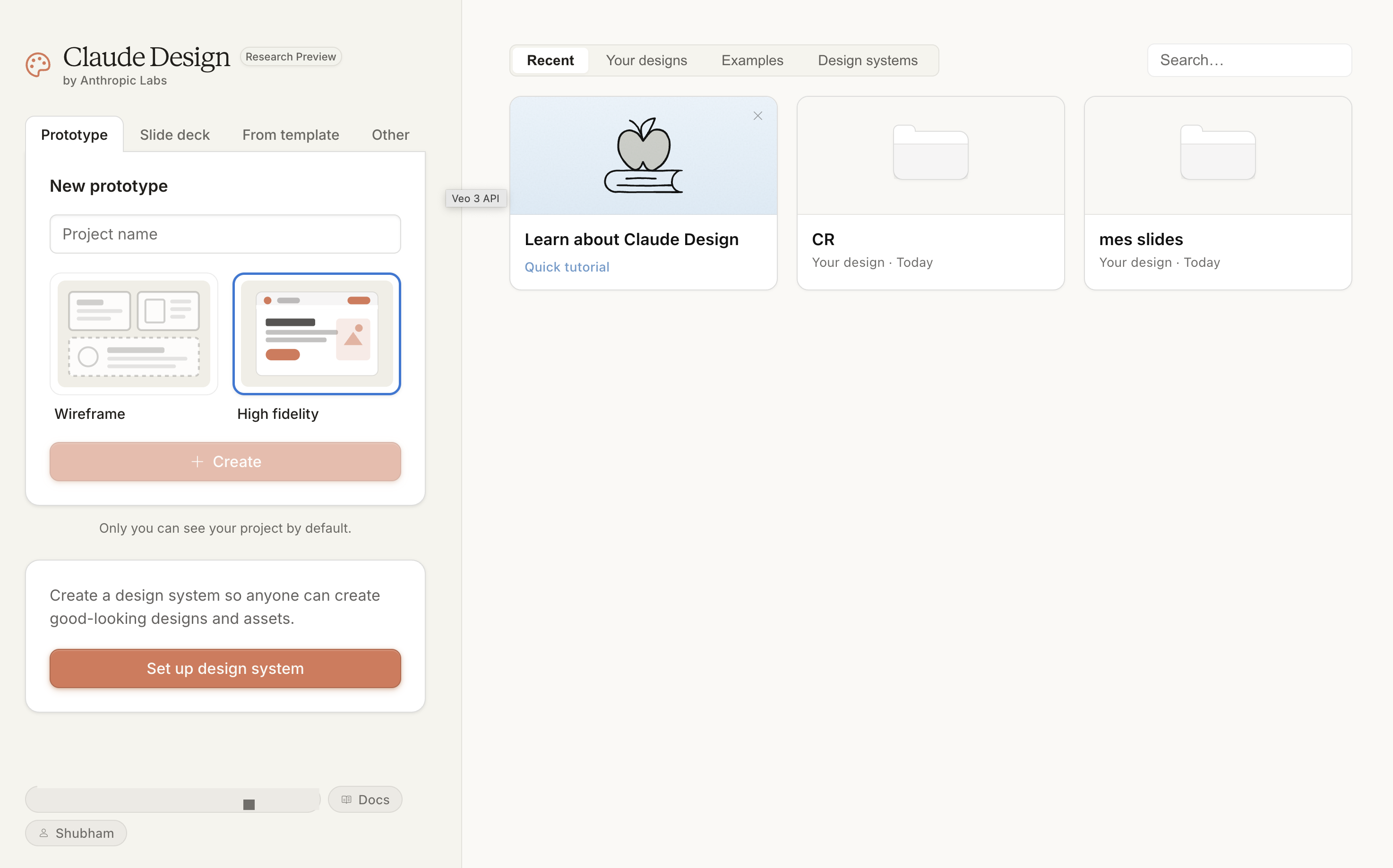 Page d'accueil de Claude Design avec les options de création : prototype, slide deck, template et design system