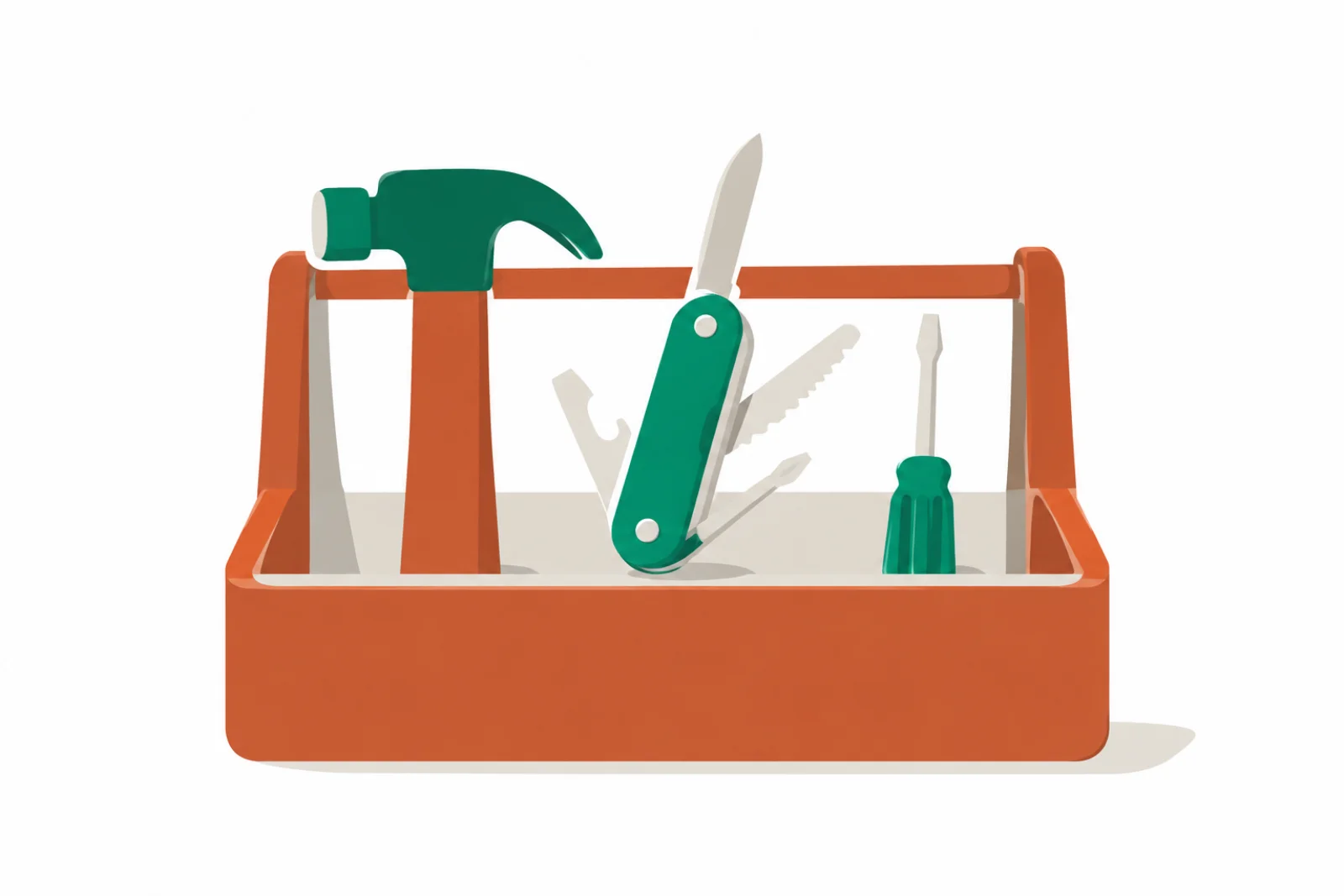 Une caisse à outils terracotta contenant un gros marteau, un couteau multifonction vert mis en avant au centre et un petit tournevis