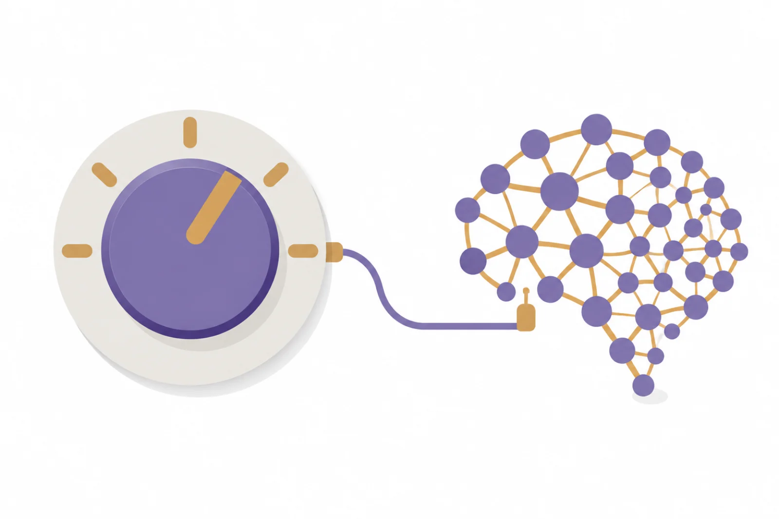 Un grand cadran violet à cinq crans, l'aiguille tournée vers les crans élevés, relié par un câble à un cerveau formé de cercles connectés de plus en plus denses
