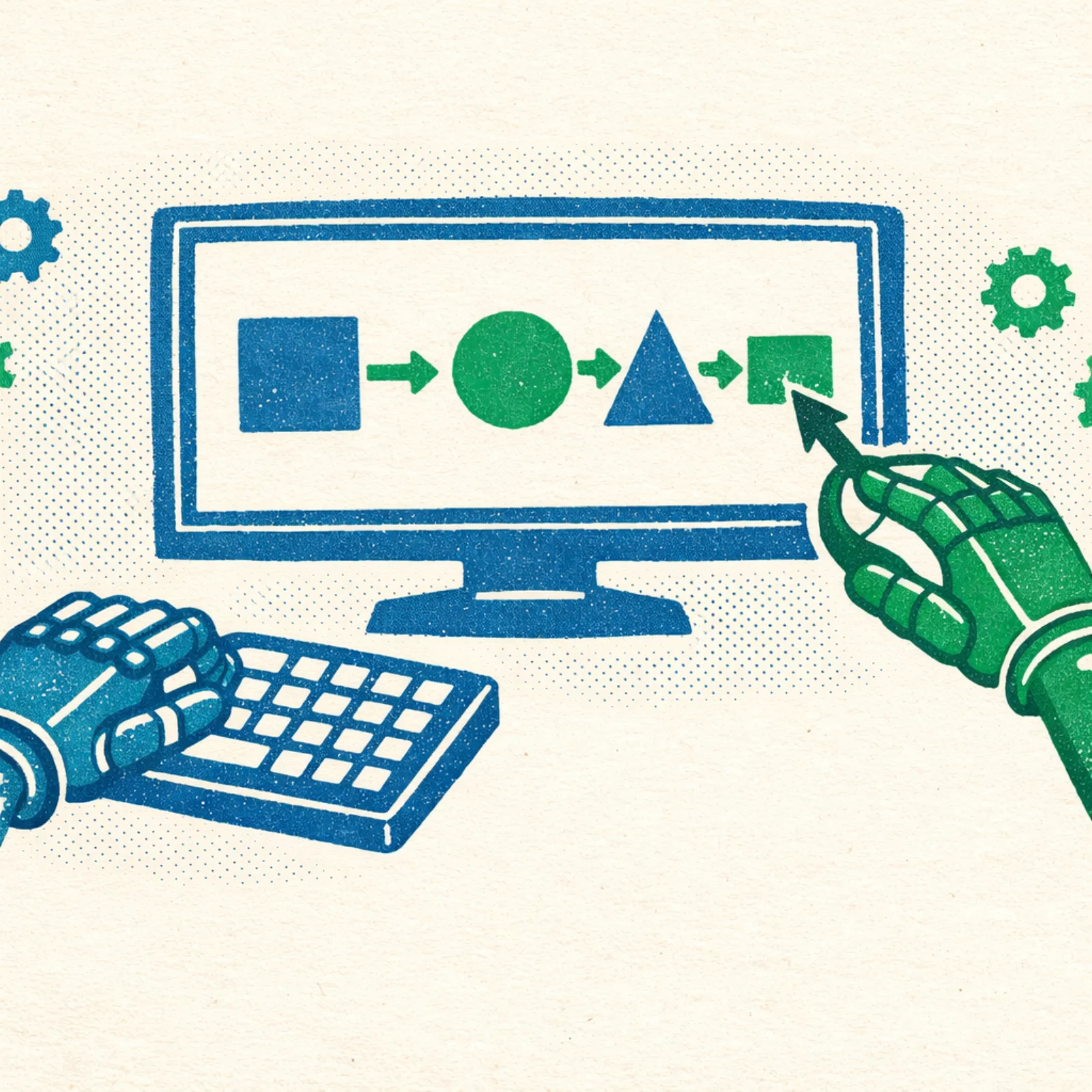 Deux bras mecaniques operant un clavier et une souris devant un ecran avec des formes geometriques representant un workflow agentique