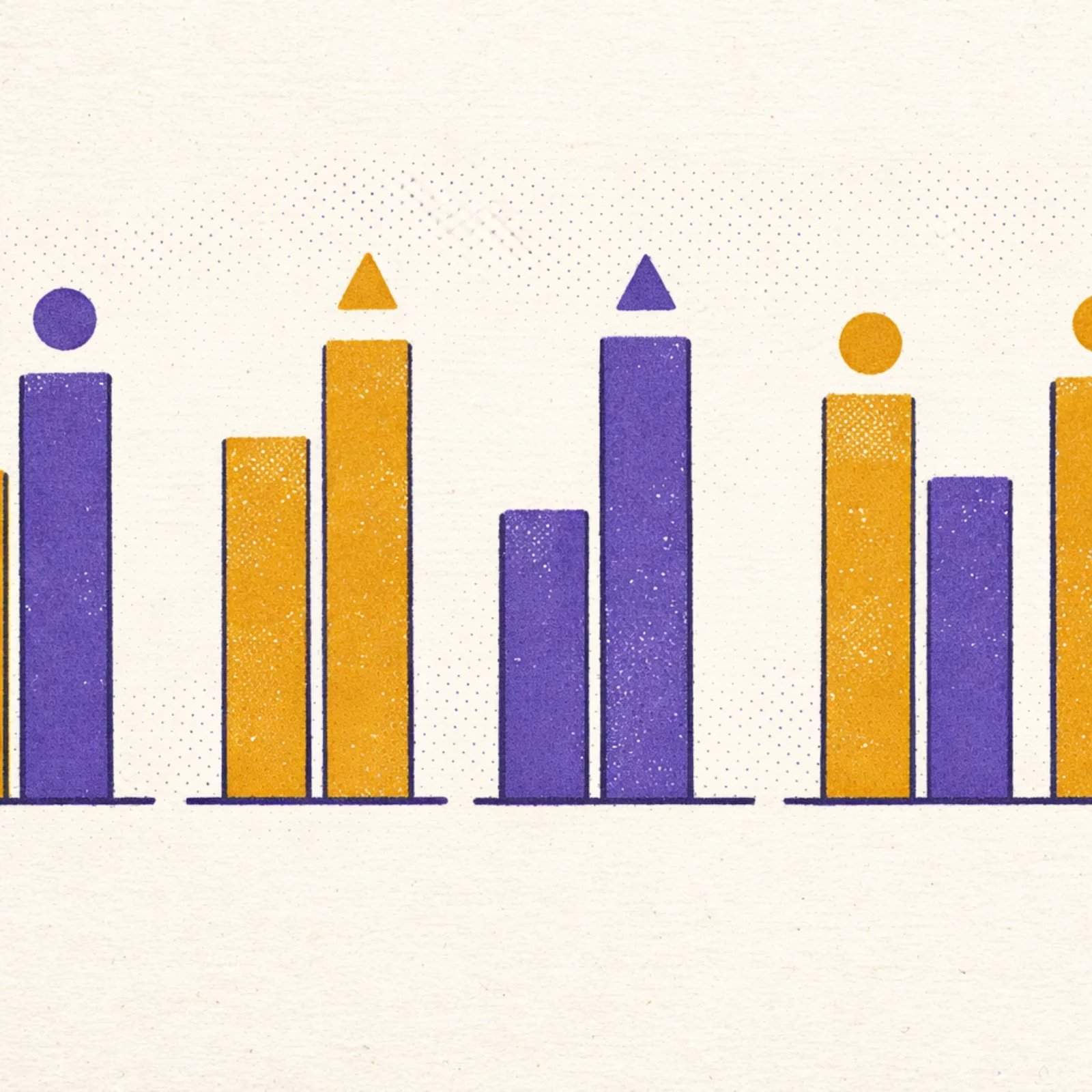 Barres verticales geometriques violettes et dorees a hauteurs variees representant les scores de benchmarks compares entre deux modeles IA