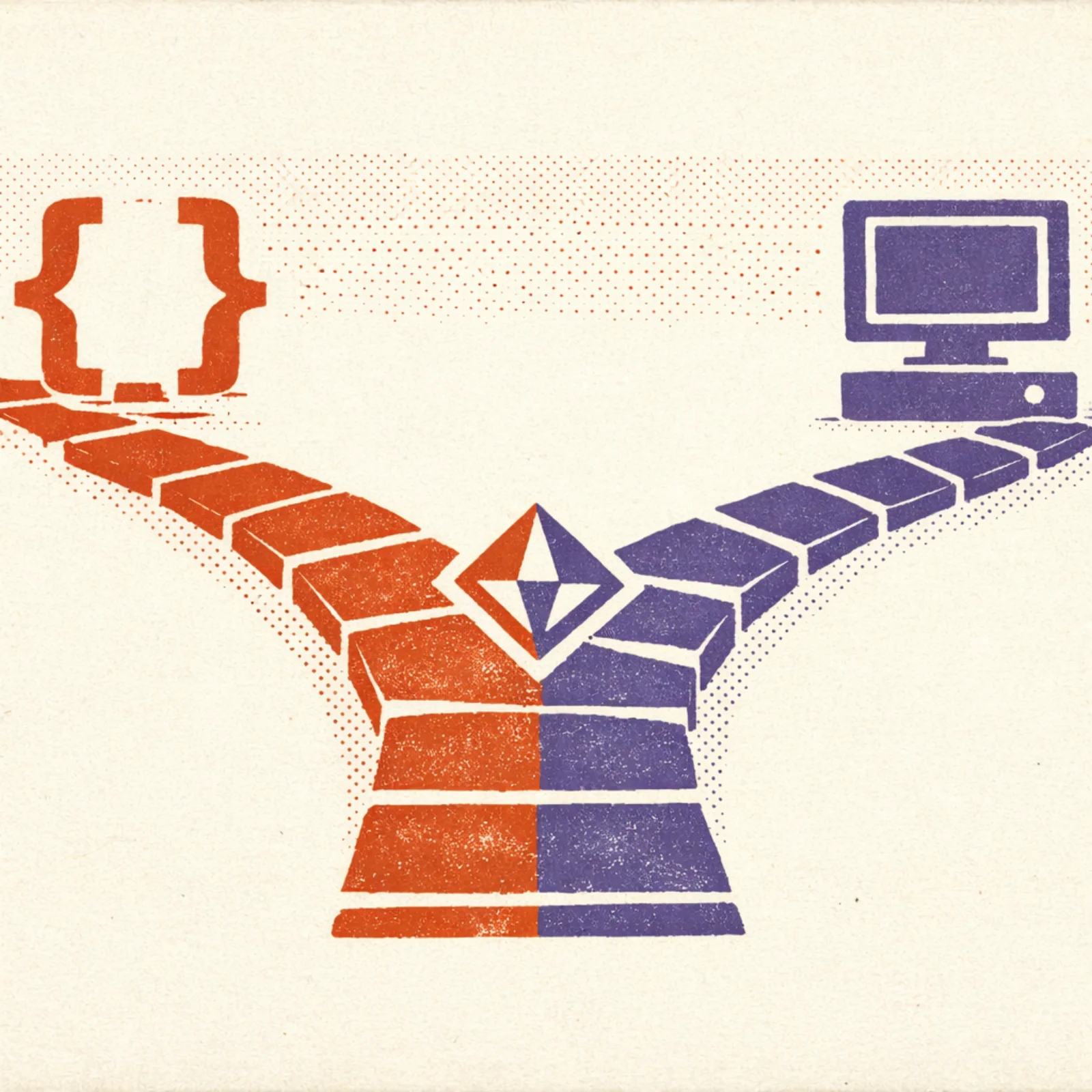 Chemin fourchu en Y avec des pierres geometriques menant a un symbole de code a gauche et un ecran a droite representant le choix entre deux modeles IA
