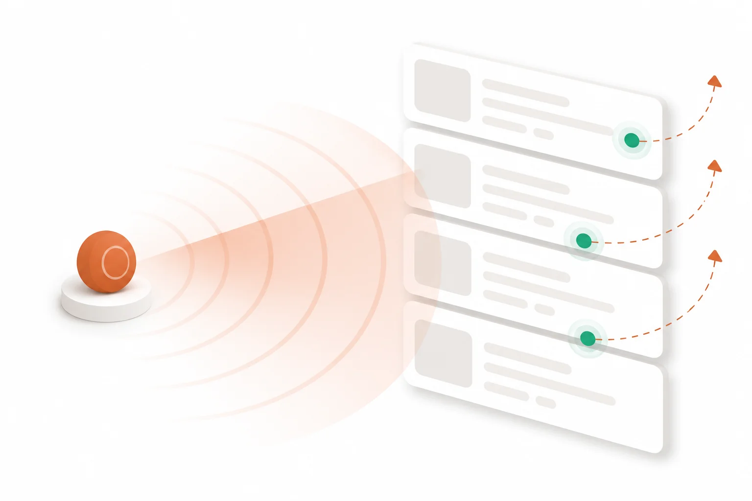 Balayage radar terracotta émanant d'un orbe IA qui scanne plusieurs canaux et fait remonter des alertes de lui-même