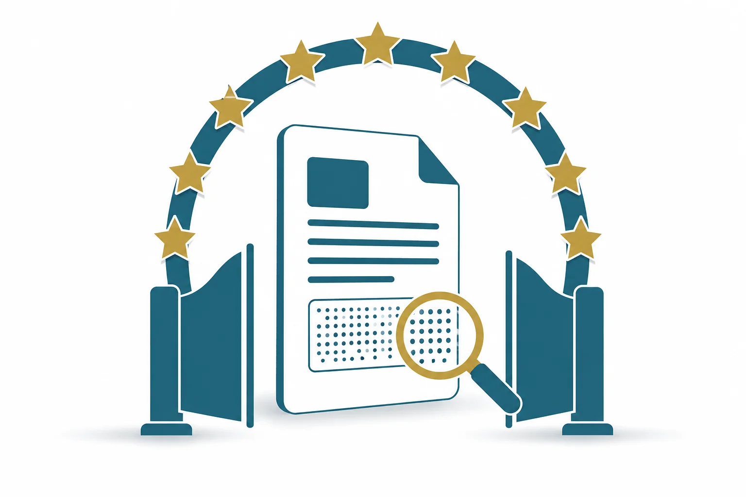 Un document passant sous une loupe qui revele un motif de points cache dans le texte, franchissant un anneau d'etoiles europeen symbolisant l'obligation de marquage machine de l'IA Act