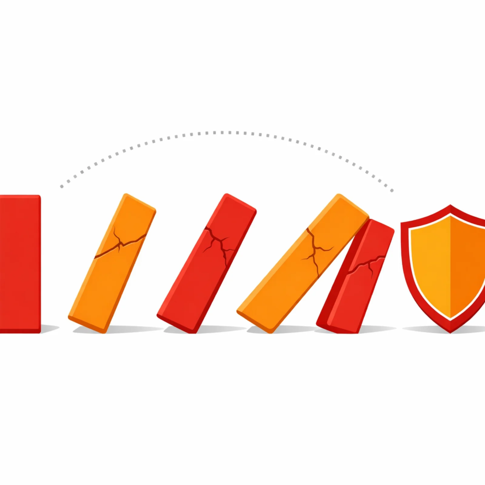 Cinq blocs geometriques en cascade comme des dominos, un bouclier bloque la chute a droite