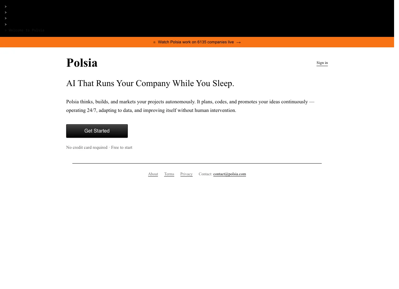 Landing page de Polsia, plateforme d'entreprises autonomes gérées par agents IA