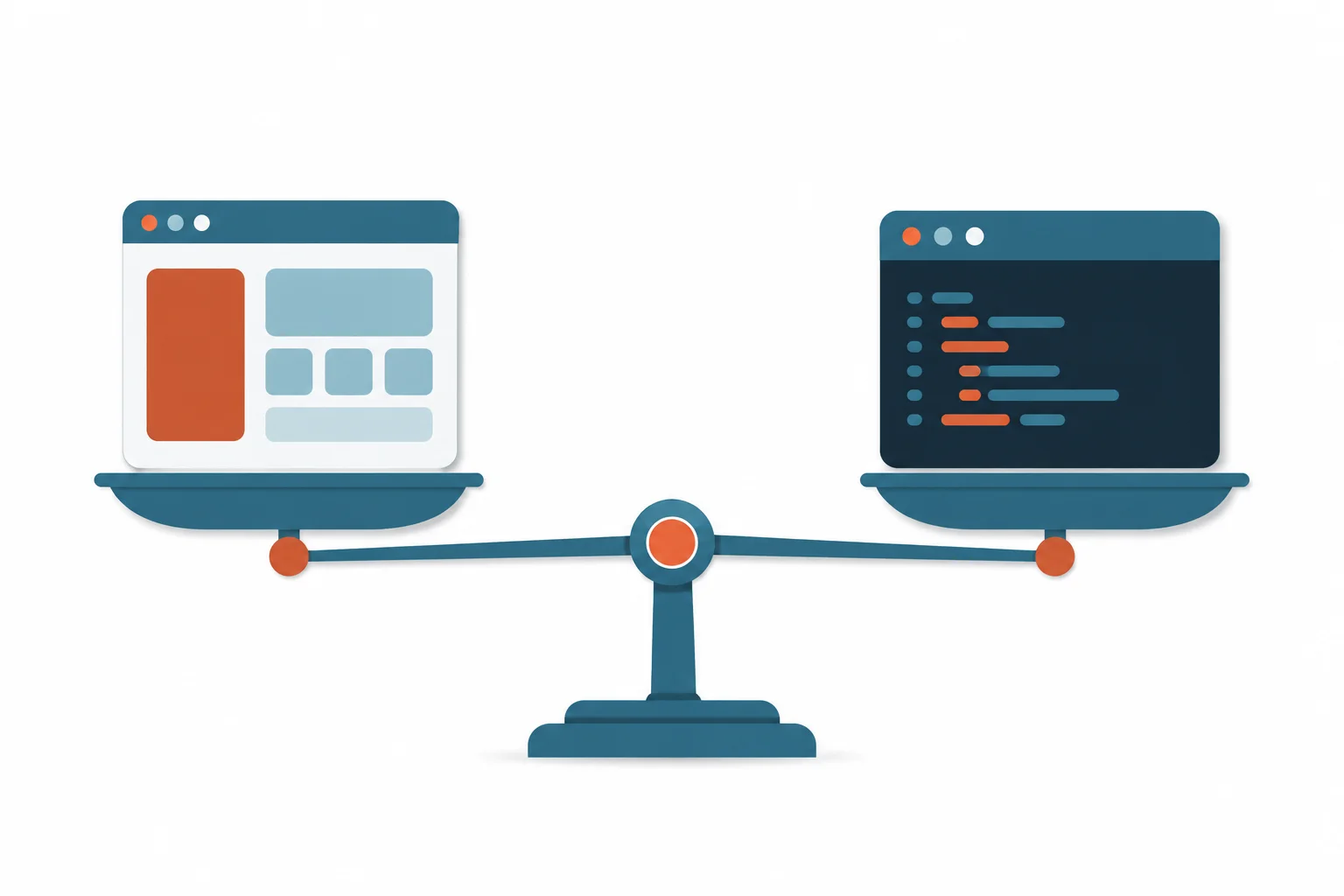 Une balance en equilibre comparant une fenetre d'application graphique avec navigateur integre et une fenetre de terminal en ligne de commande