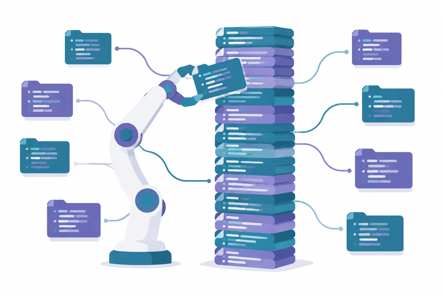 Un bras robotique agent relie des blocs de fichiers de code empilés dans une haute tour représentant la fenêtre d'un million de tokens