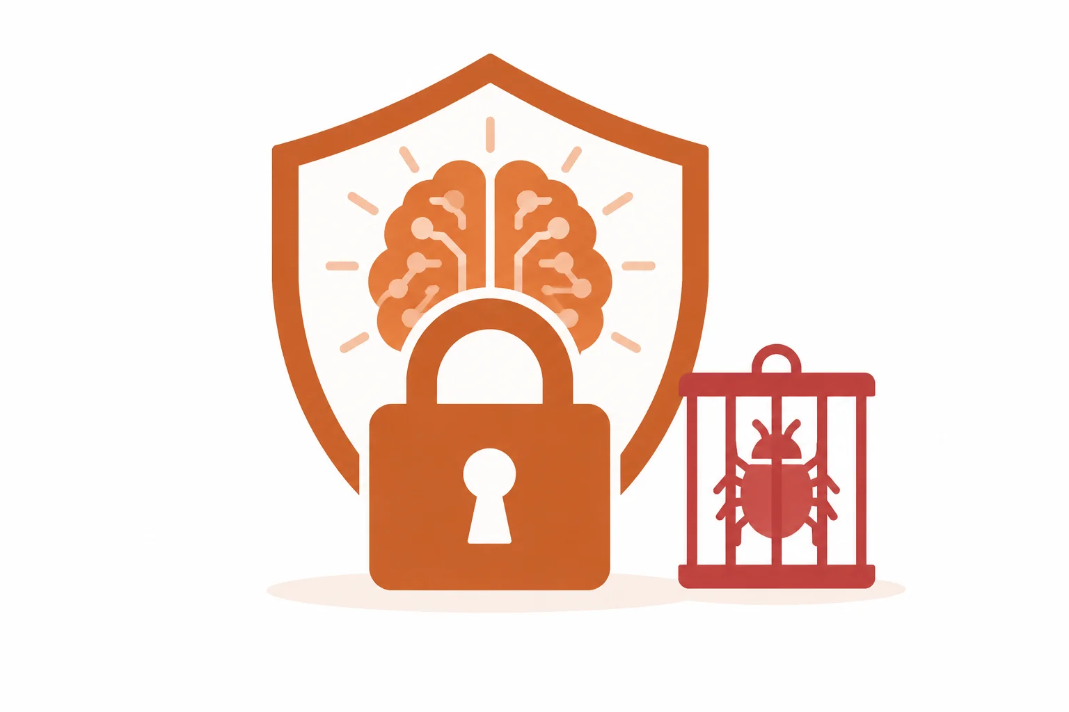 Un noyau IA en forme de cerveau verrouillé derrière un cadenas et un bouclier, avec une icône d'exploit enfermée dans une cage