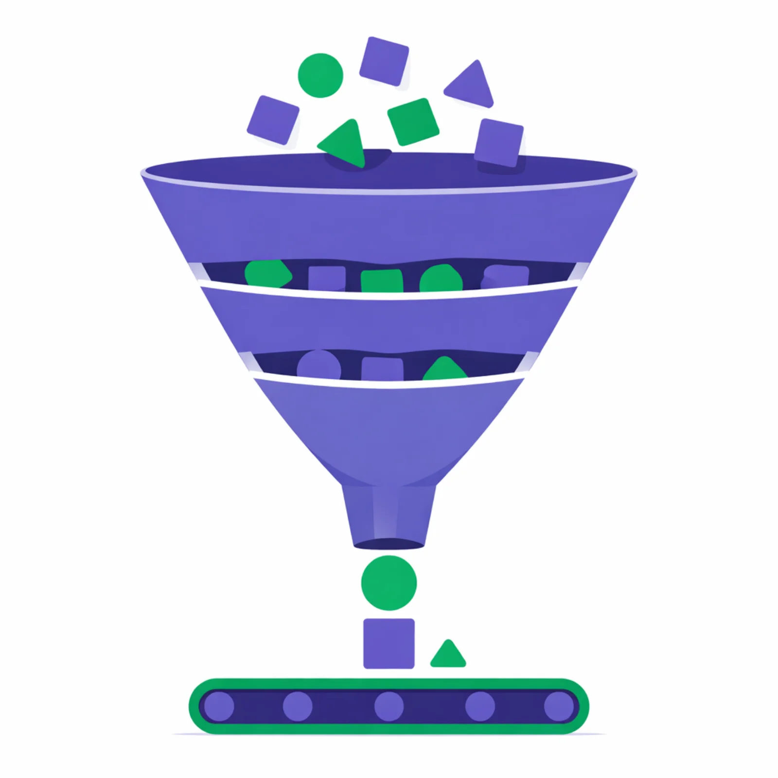 Entonnoir de tri avec des jetons colorés filtrés à travers trois couches horizontales pour illustrer la priorisation des processus à automatiser