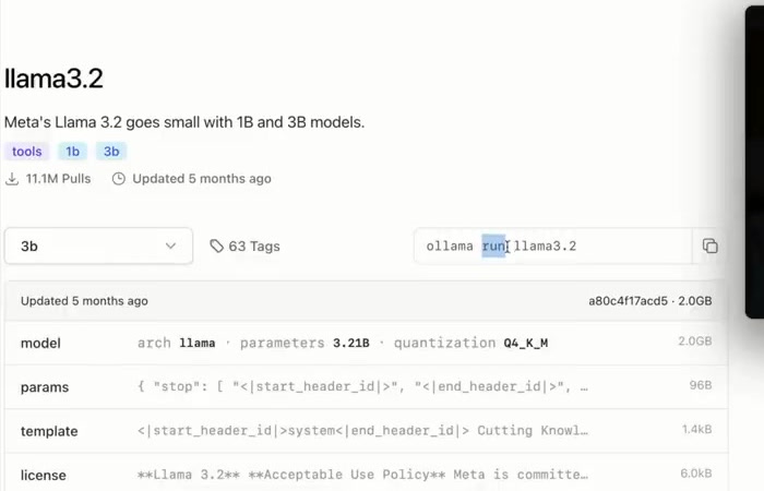 Page du modèle Llama 3.2 sur Ollama — 11.1 millions de téléchargements, architecture Llama, 3.21B paramètres, quantization Q4_K_M