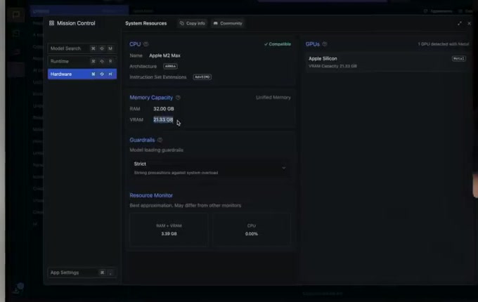 LM Studio System Resources — Apple M2 Max détecté avec 32 Go de RAM et 21.33 Go de VRAM disponible pour les modèles locaux