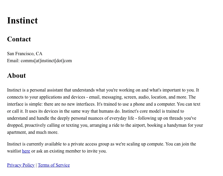 Page d'accueil du site instinct.com en septembre 2026 : un texte brut sans mise en forme, qui présente l'assistant et renvoie vers la liste d'attente