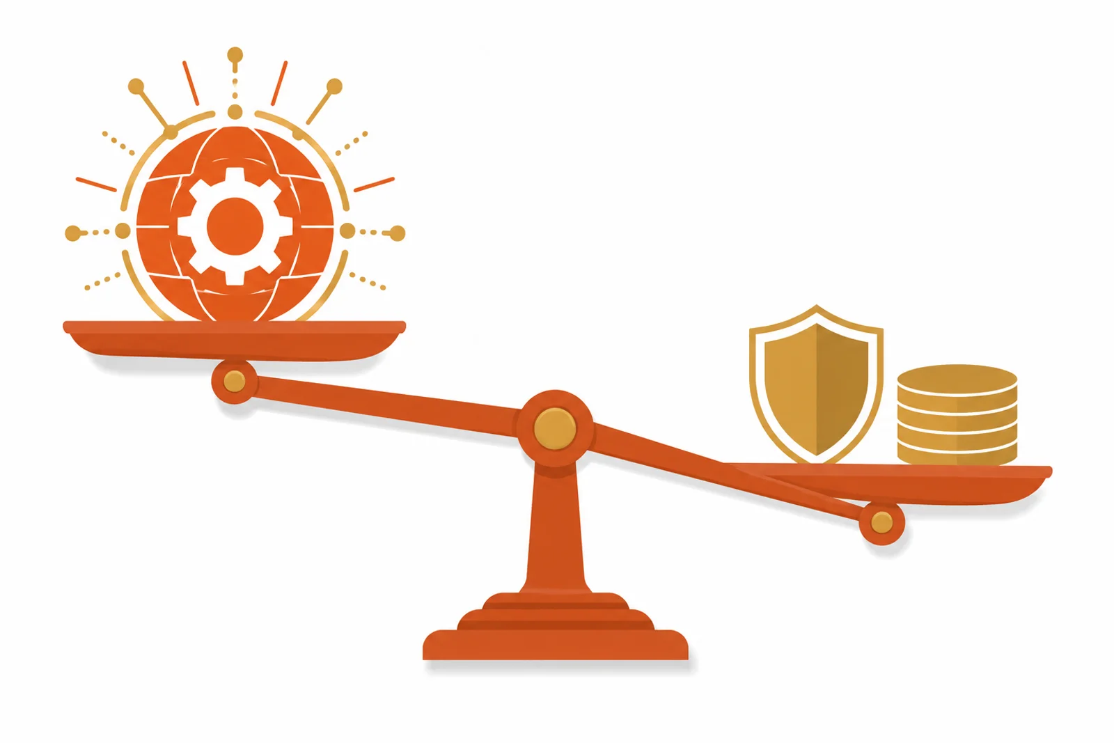Une balance pesant d'un cote un engrenage lumineux symbolisant la puissance autonome et de l'autre un bouclier et des credits symbolisant le cout et la souverainete des donnees