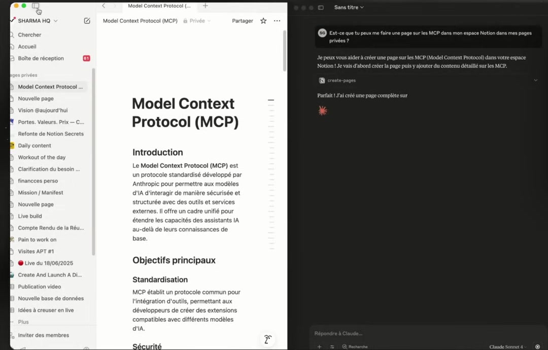 Demo MCP Notion — Claude crée une page structurée directement dans Notion via le protocole MCP, avec les sections Introduction et Objectifs visibles