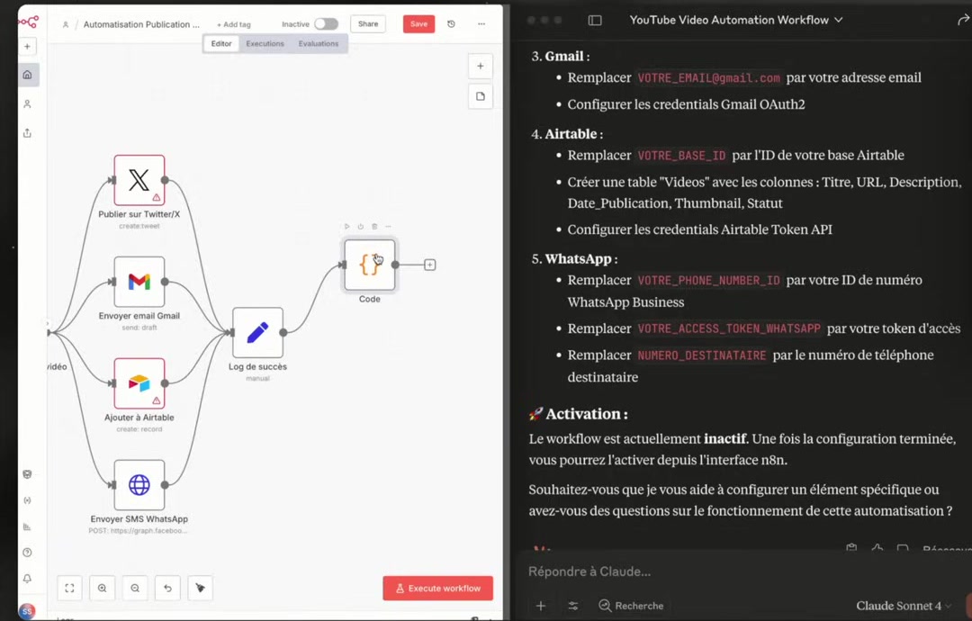 Demo MCP n8n — workflow d'automatisation complet généré par Claude avec des noeuds Twitter, Gmail, Airtable et WhatsApp connectés