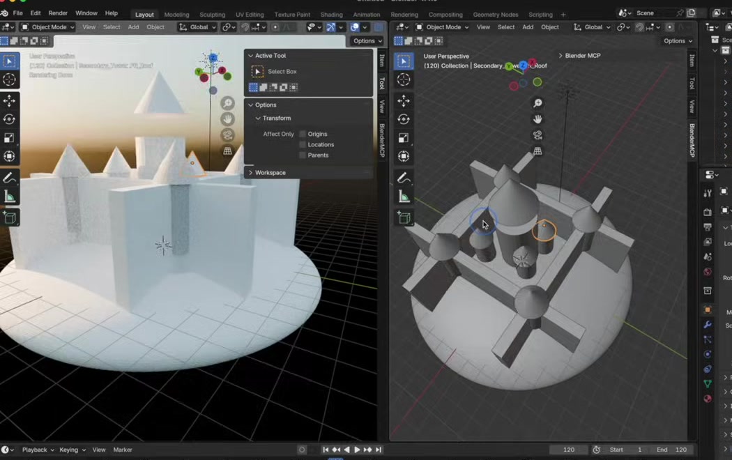 Demo MCP Blender — un château médiéval 3D créé entièrement par Claude via le protocole MCP dans Blender 4.4, avec tours et murailles
