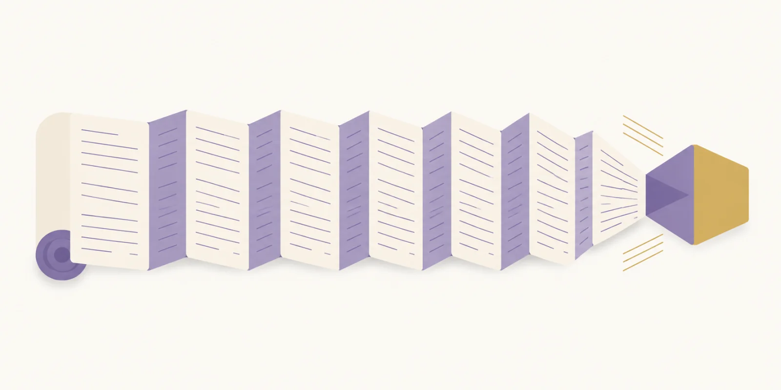 Illustration editoriale d'un long rouleau de papier accordeon se deroulant horizontalement vers un petit prisme de traitement, evoquant une longue documentation absorbee par le modele