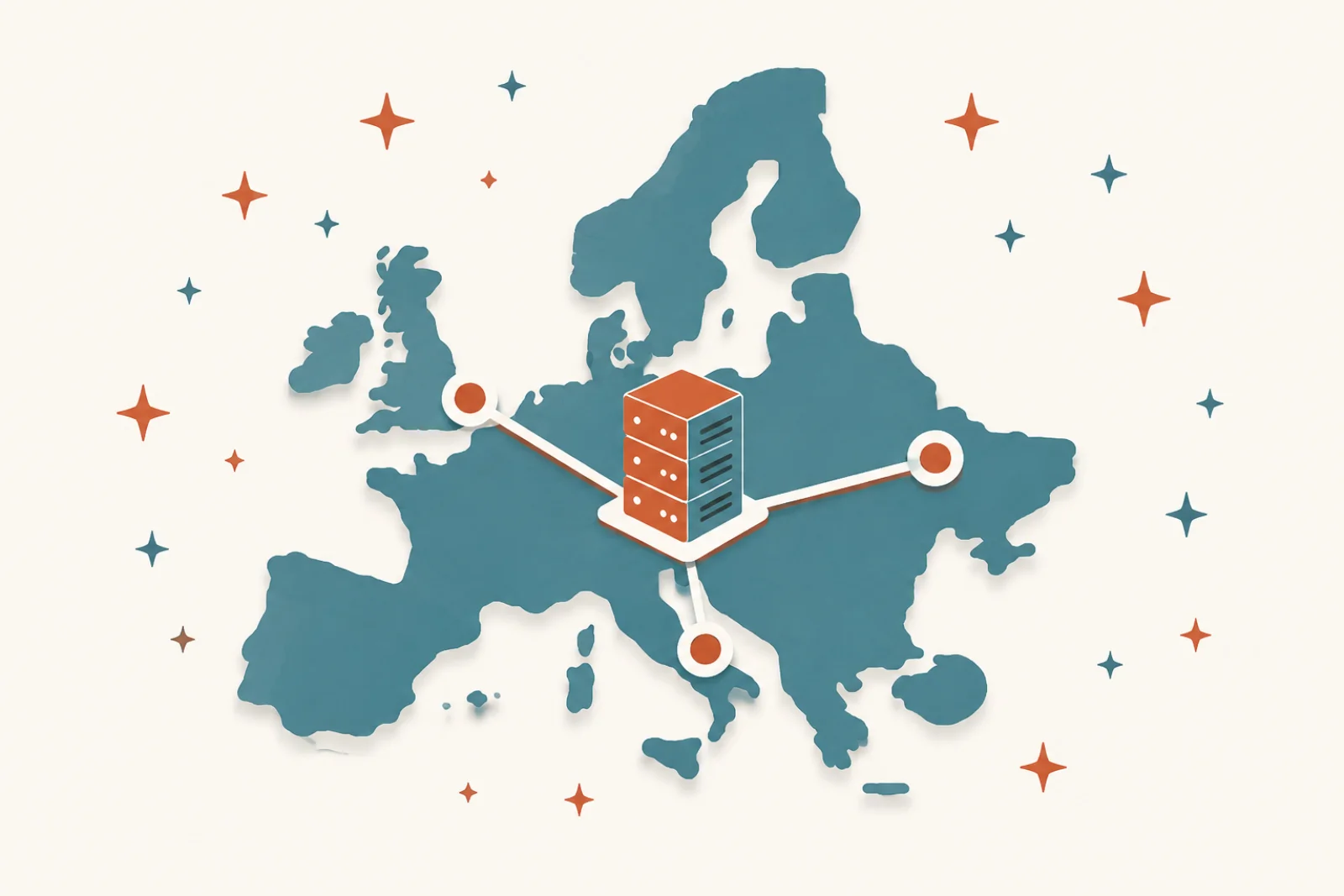 Illustration editoriale d'un continent europeen stylise avec un rack de serveur central connecte par un reseau de noeuds, evoquant l'hebergement souverain des donnees