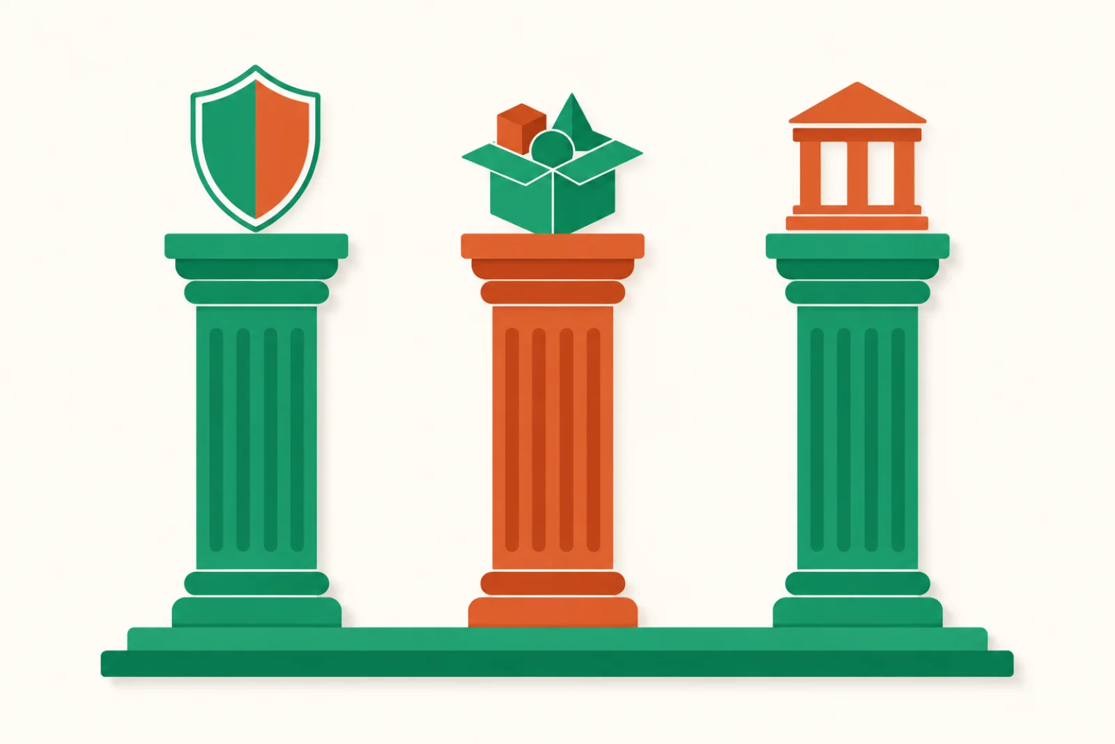 Illustration editoriale de trois colonnes architecturales surmontees d'icones representant le bouclier de protection, les poids ouverts et le batiment, symbolisant les trois piliers de la souverainete