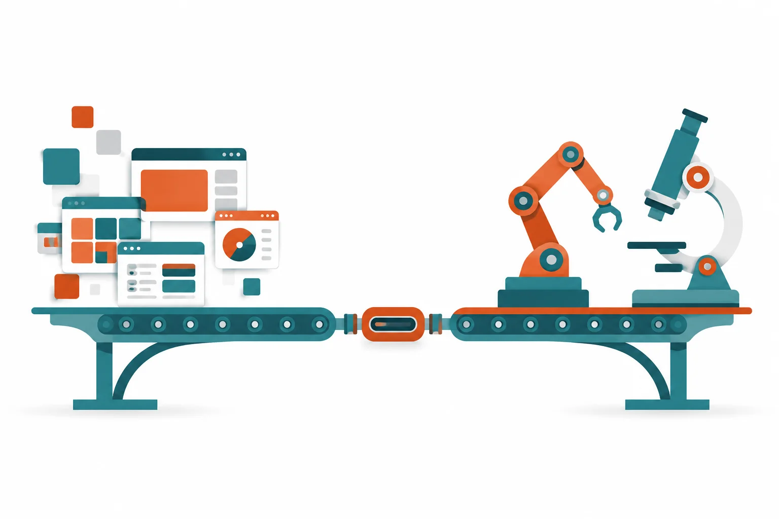 Un pont relie des fenêtres logicielles à gauche à un bras robotique et un microscope à droite, avec un connecteur standardisé au centre
