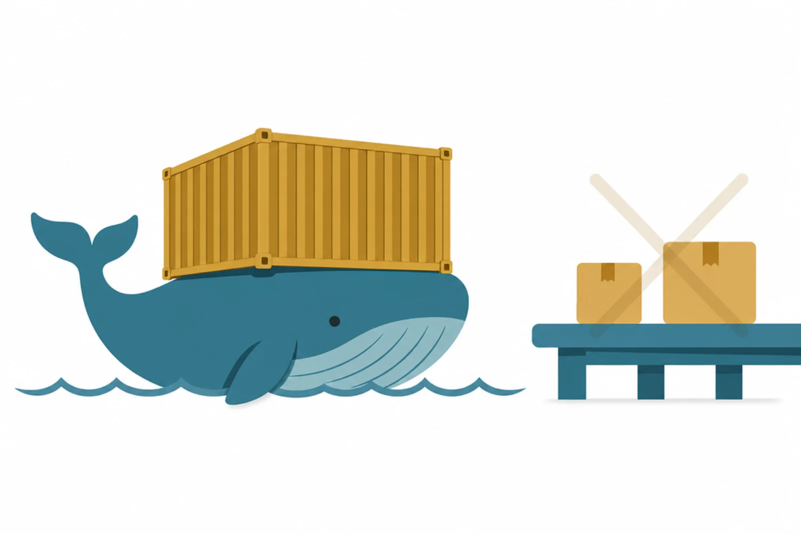 Illustration d'une baleine portant un conteneur maritime sur une vague, face à deux cartons barrés posés sur un quai