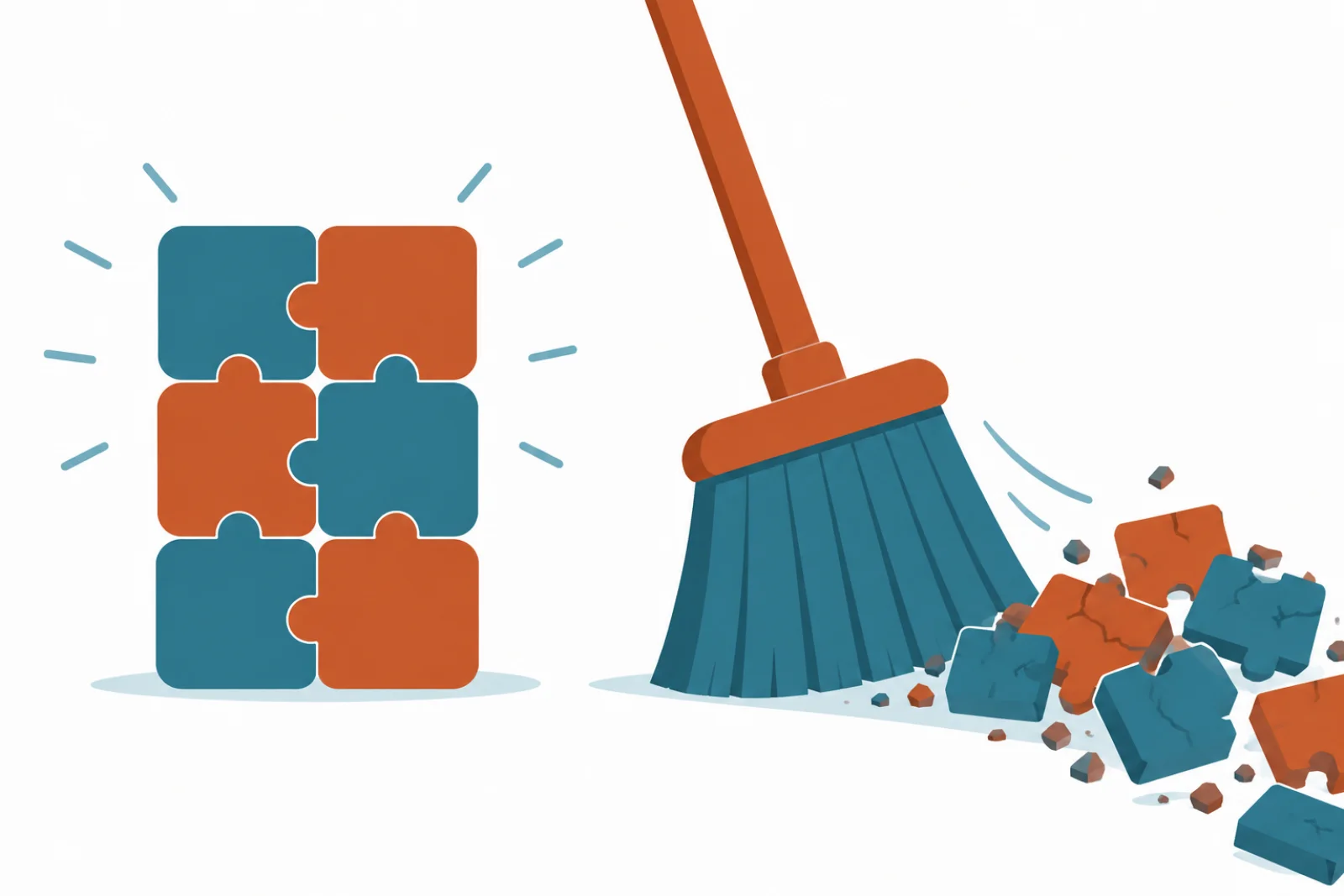 Illustration d'un balai poussant des blocs de puzzle fissurés hors du cadre, à côté d'une pile de blocs neufs bien alignés