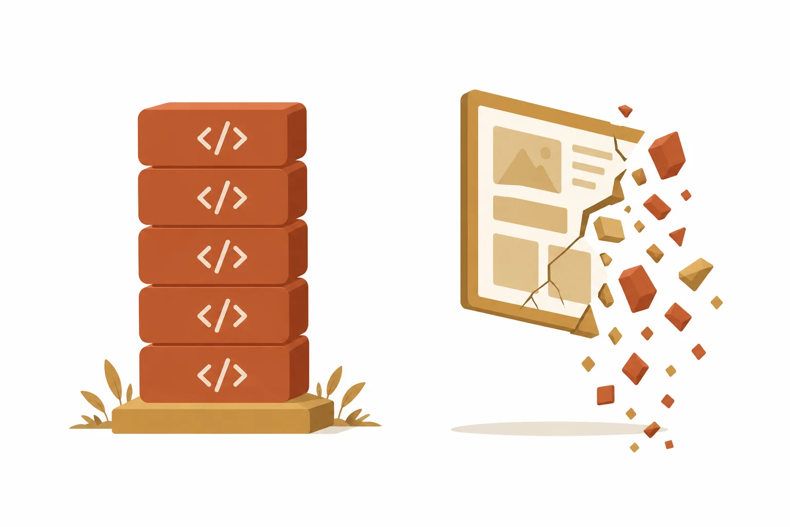 Une tour stable de code a gauche face a un canvas visuel qui se fissure et se desagrege a droite