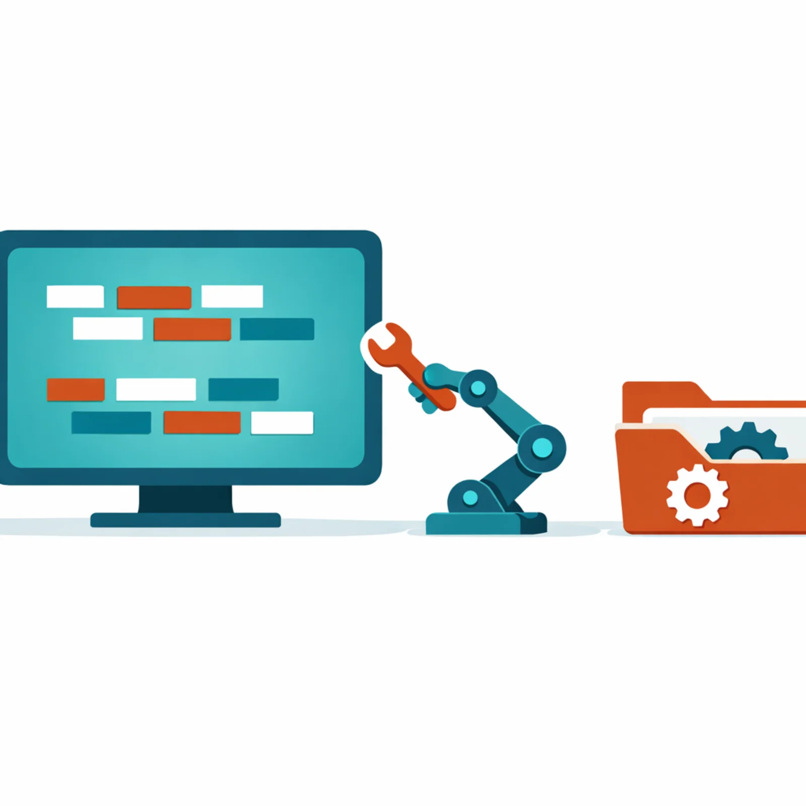 Terminal avec un bras robotique modifiant du code et un dossier contenant des engrenages, représentant un agent de codage IA autonome