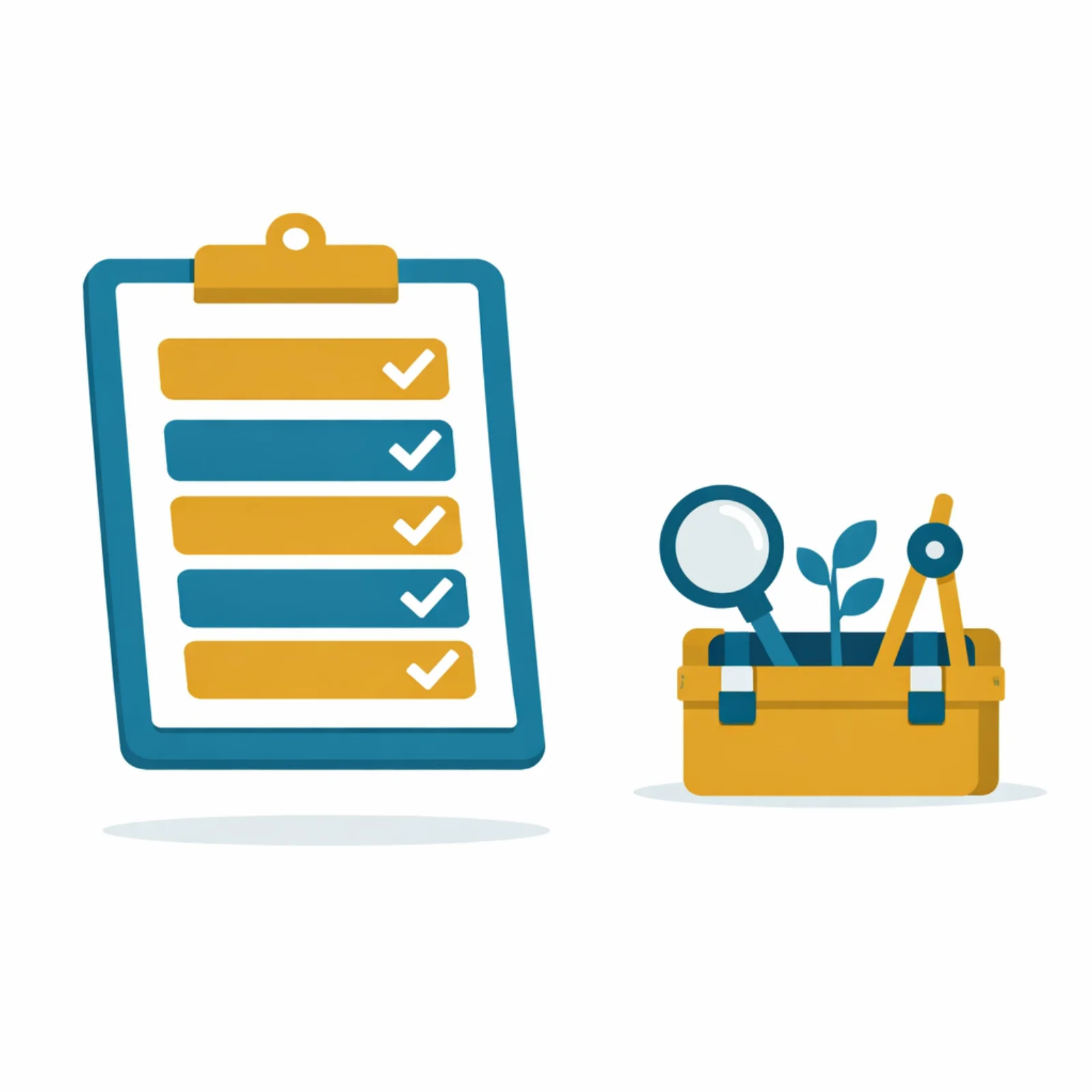 Checklist sur un presse-papiers avec une boîte à outils contenant une loupe et un compas, symbolisant les bonnes pratiques de développement