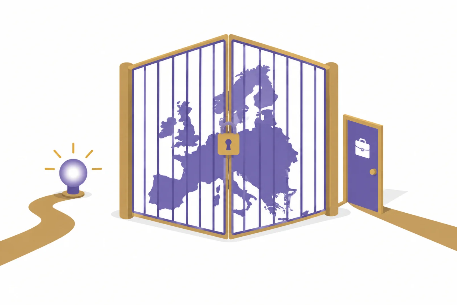 Carte de l'Europe enfermée derrière une grille cadenassée, avec un petit agent lumineux qui attend sur le chemin à gauche et une porte latérale ouverte marquée d'une mallette à droite