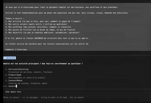 Claude Code générant un business.md interactif — l'IA pose des questions sur votre activité, vos outils, vos workflows et vos objectifs
