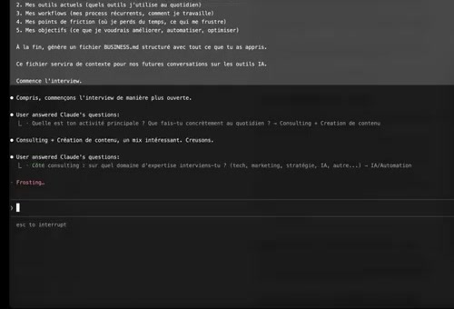 Suite de l'interview business.md — Claude demande le domaine d'expertise et l'utilisateur répond "Consulting + Création de contenu" en IA/Automation