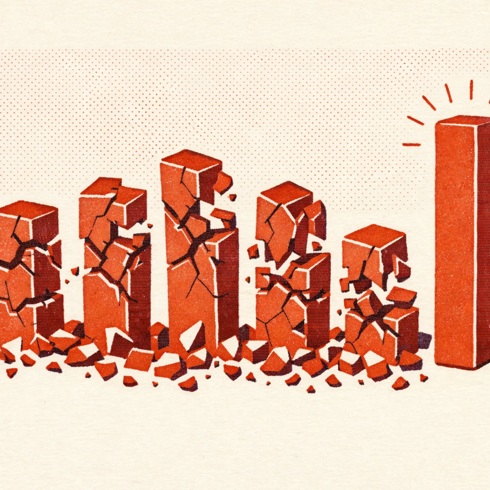 Diagramme en barres dont quatre colonnes sur cinq se fissurent et s'effondrent en débris géométriques, une seule colonne restant intacte