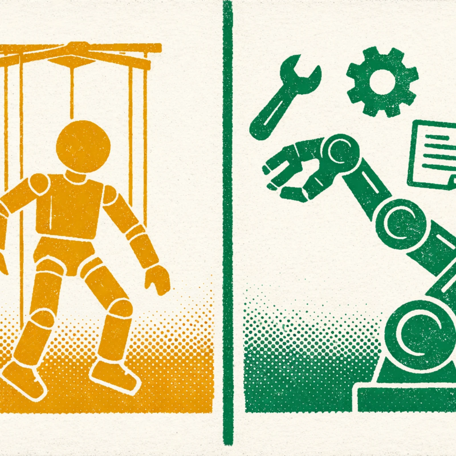 Scène divisée en deux : à gauche une marionnette rigide suspendue à des fils, à droite un bras articulé autonome choisissant parmi plusieurs outils