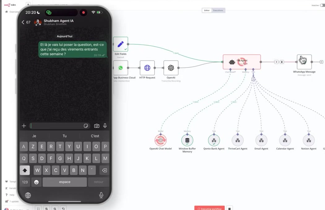Demo live — conversation WhatsApp avec l'agent IA (à gauche) pendant que le workflow n8n s'exécute en temps réel (à droite)