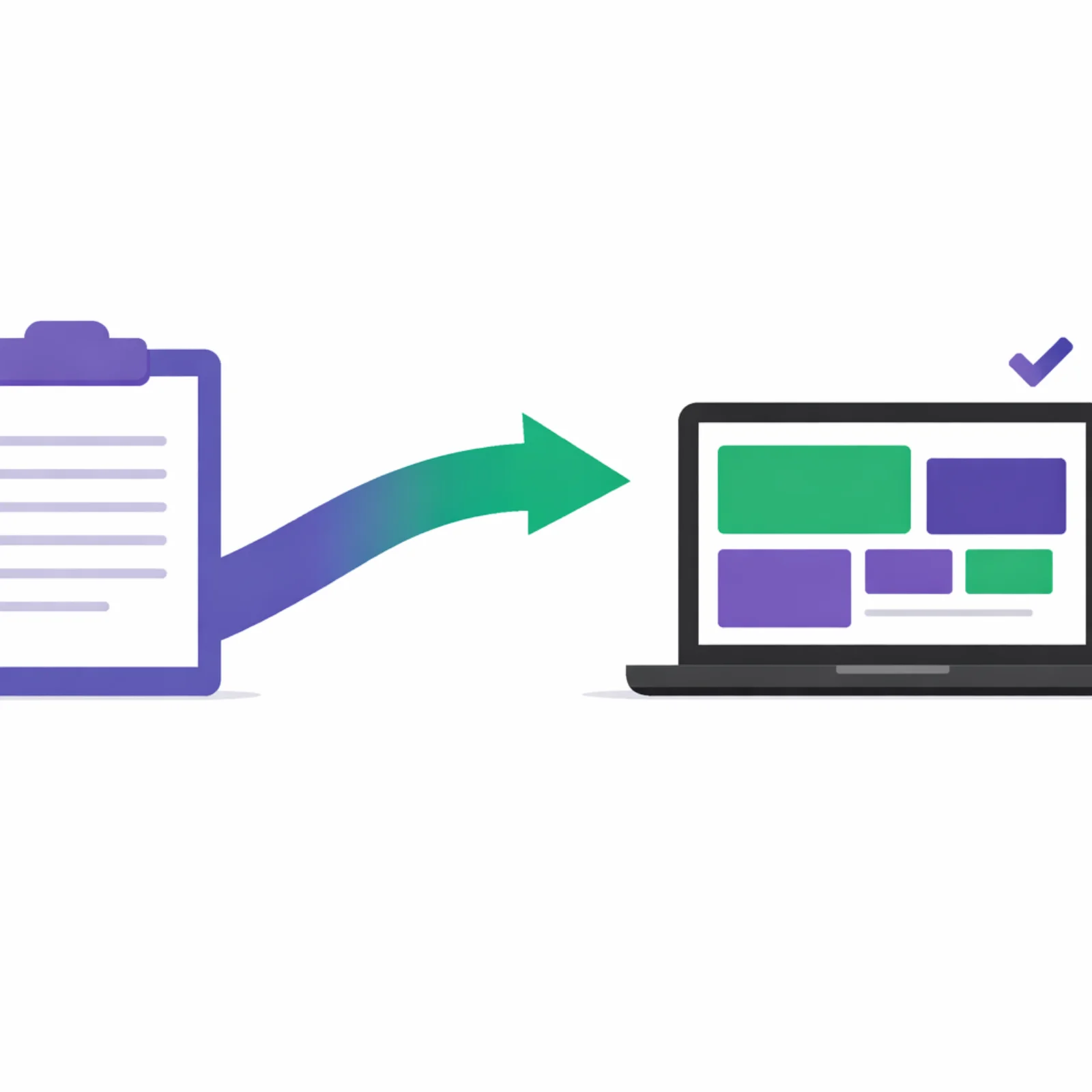 Transformation d'un clipboard de specifications en application fonctionnelle sur ecran avec fleche de transition violet-emeraude