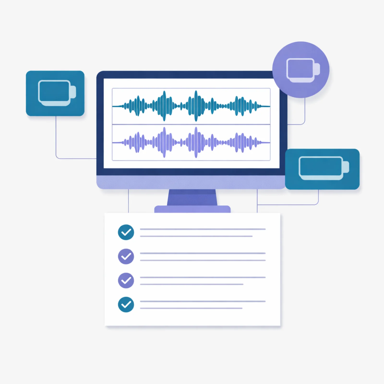 Ecran desktop affichant des ondes audio avec trois fenetres de visioconference connectees a un document structure de resume