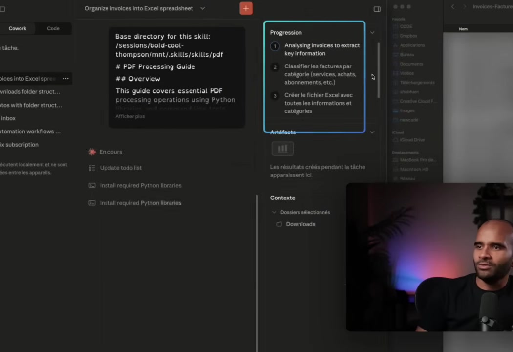Interface de prompts creee par Claude Cowork avec recherche et filtrage