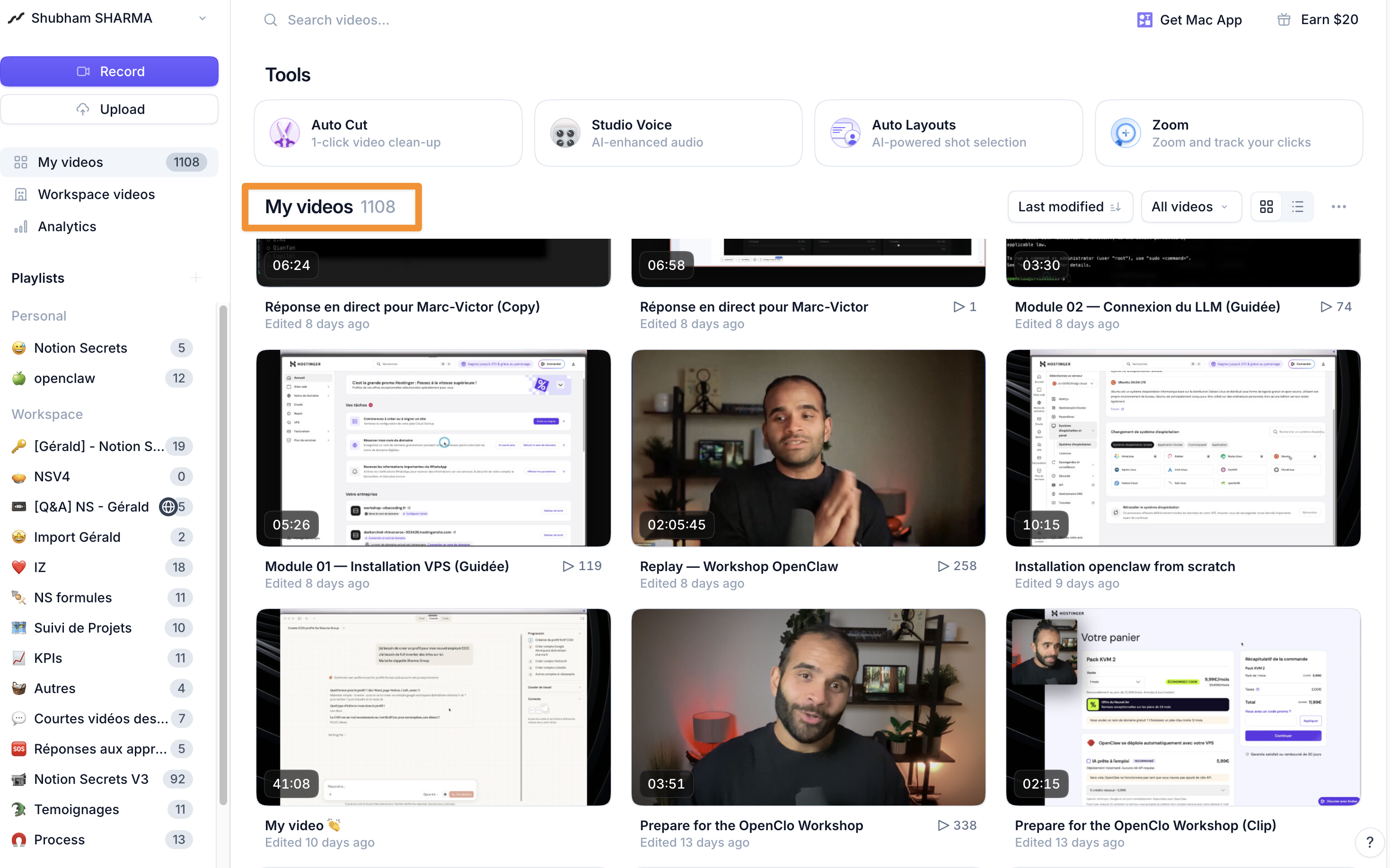 Mon dashboard Tella avec 1 108 vidéos produites
